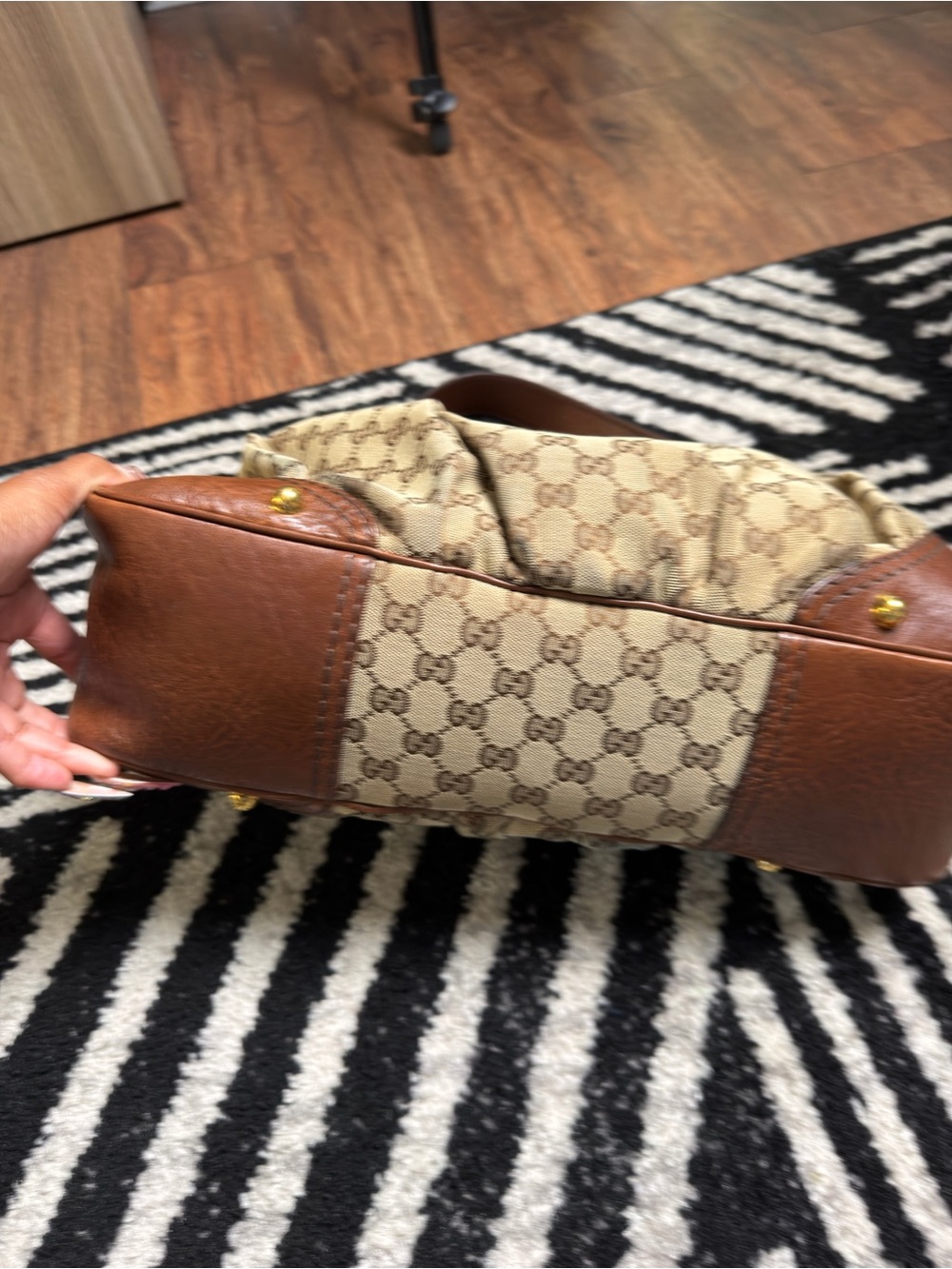 Beige Monogram Shoulder Bag with Brown Leather Trim - Picture 5 of 9